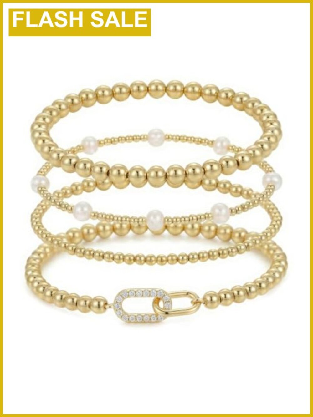 Gold Beaded Bow Heart Paperclip Pearl Stretch Stack Bracelet Set 4Pcs
